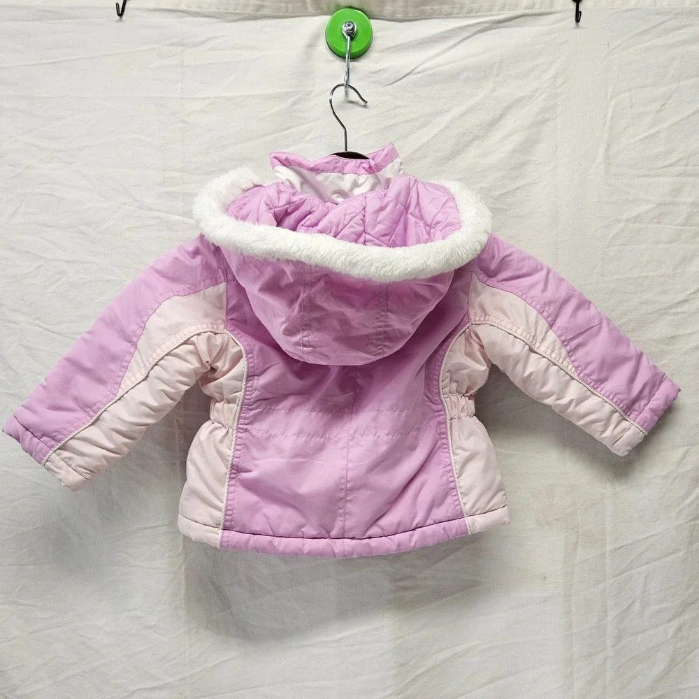 London Fog Puffer Jacket Kids 4T‎ Pink Colorblock Faux Fur Hood Full Zip Coat